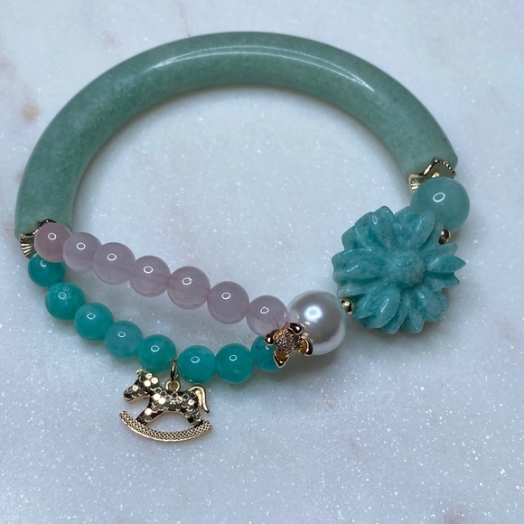 Jewelry - Amazonite Half Bangle Bracelet • Hand-Carved Amazonite Flower & Rose Quartz Duo